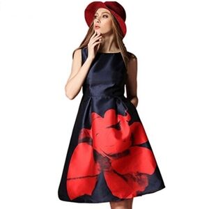Plus Size Round Neck Sleeveless Fit and Flare Dramatic Floral Cocktail Dress